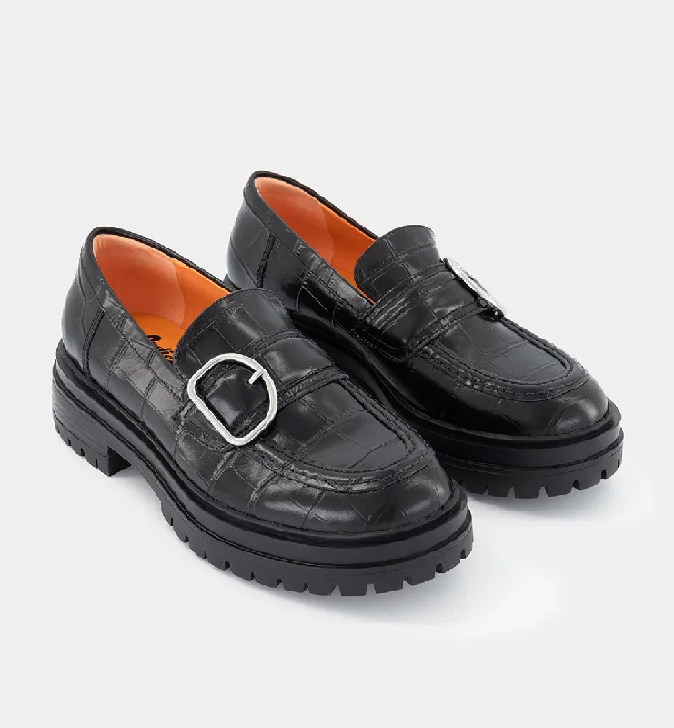 Una Buckle Slip On Loafer | Black Croc