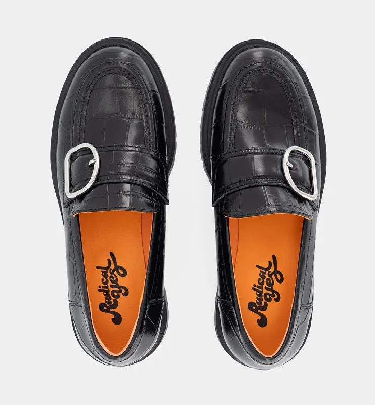 Una Buckle Slip On Loafer | Black Croc