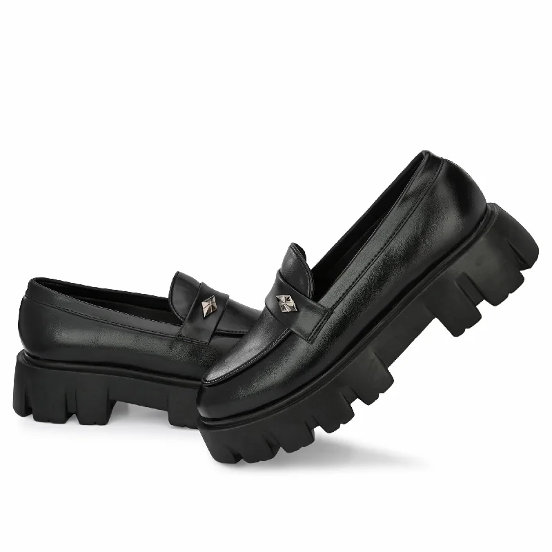 Attitudist Unisex Black Round Toe High Heel Penny Loafers