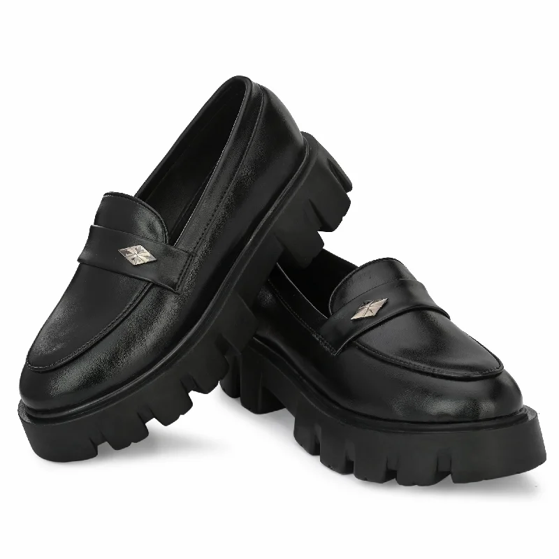 Attitudist Unisex Black Round Toe High Heel Penny Loafers